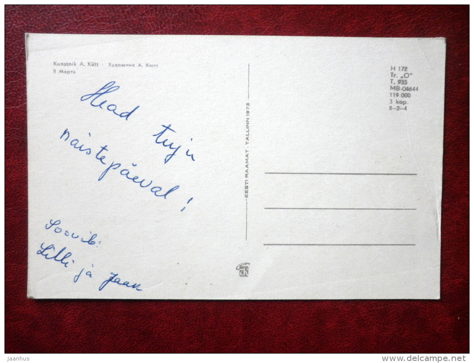 8 March Greeting Card - by A. Kütt - woman in folk costumes - flowers - flags of the world - 1973 - Estonia USSR - used - JH Postcards