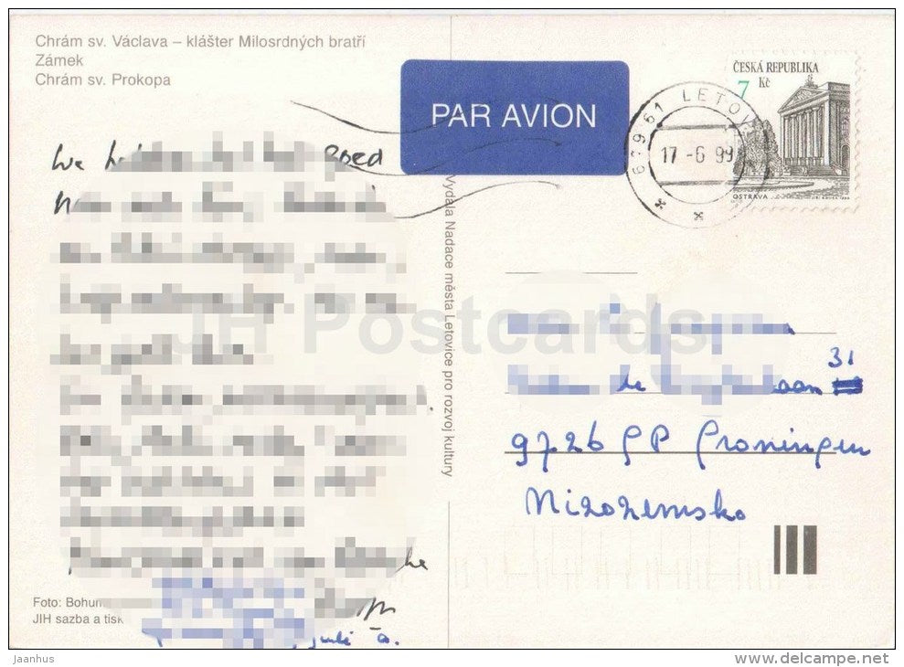 Letovice - St. Vaclav cathedral - monastery - castle - St. Prokop cathedral - Czech Republic - used 1999 - JH Postcards