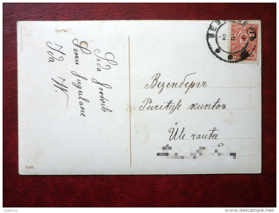 Birthday Greeting Card - roses - flowers - house - 4688 - circulated in Tsarist Russia 1914 , Wesenberg - used - JH Postcards