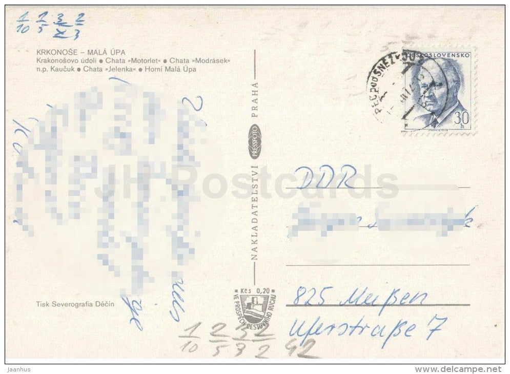 Krkonose - Mala Upa - Krakonosovo valley - Motorlet cottage - Modrasek - Jelenka - Czechoslovakia - Czech - used - JH Postcards