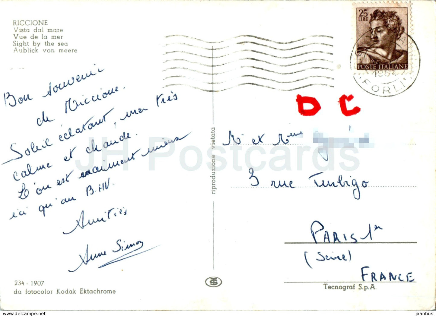 Riccione - Vista dal mare - Vue sur la mer - plage - voilier - 234 - 1962 - Italie - occasion