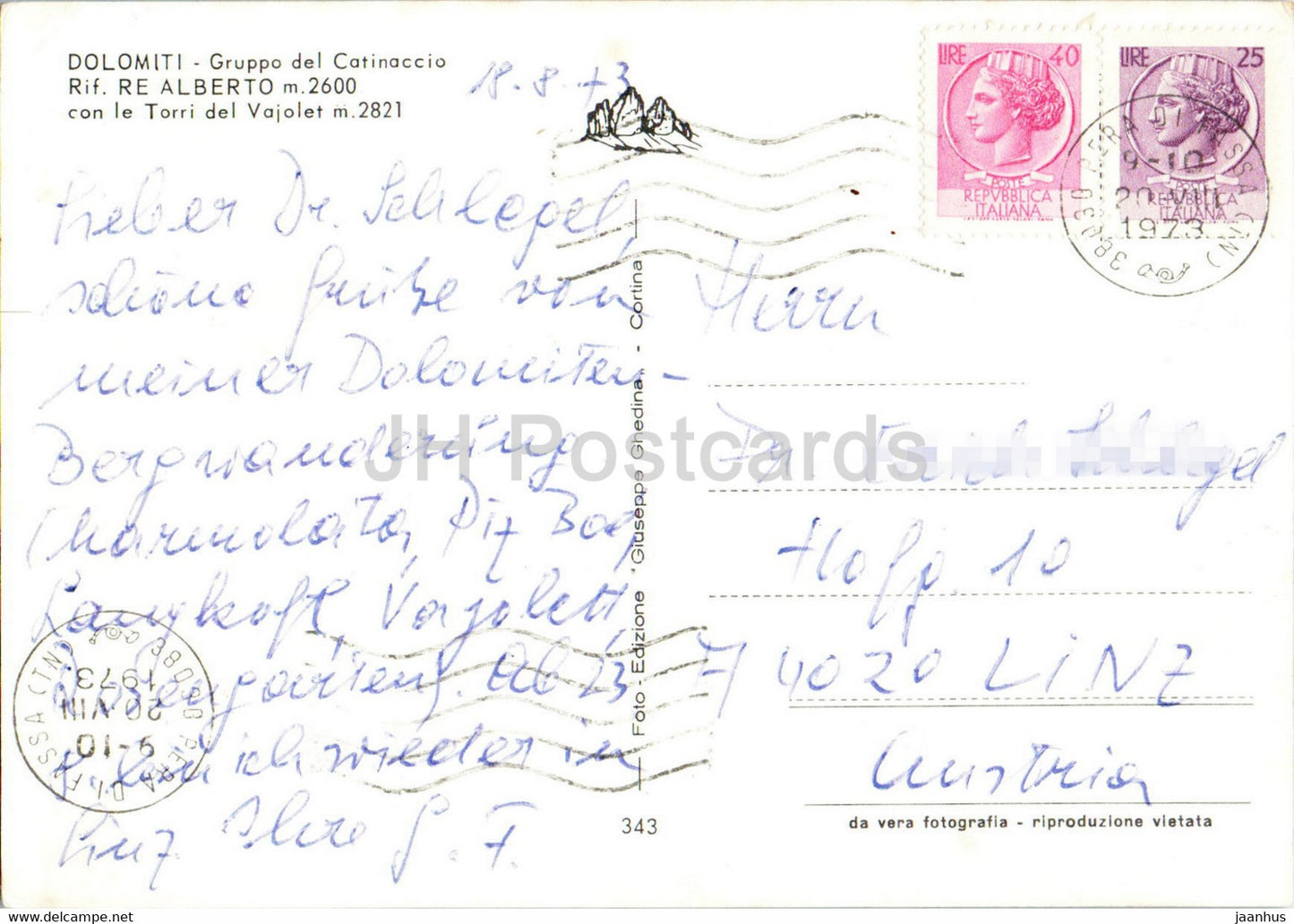 Dolomiti - Gruppo del Catinaccio - Rif Re Alberto 2600 m - Torri del Vajolet 2821 m - 1973 - Italy - used