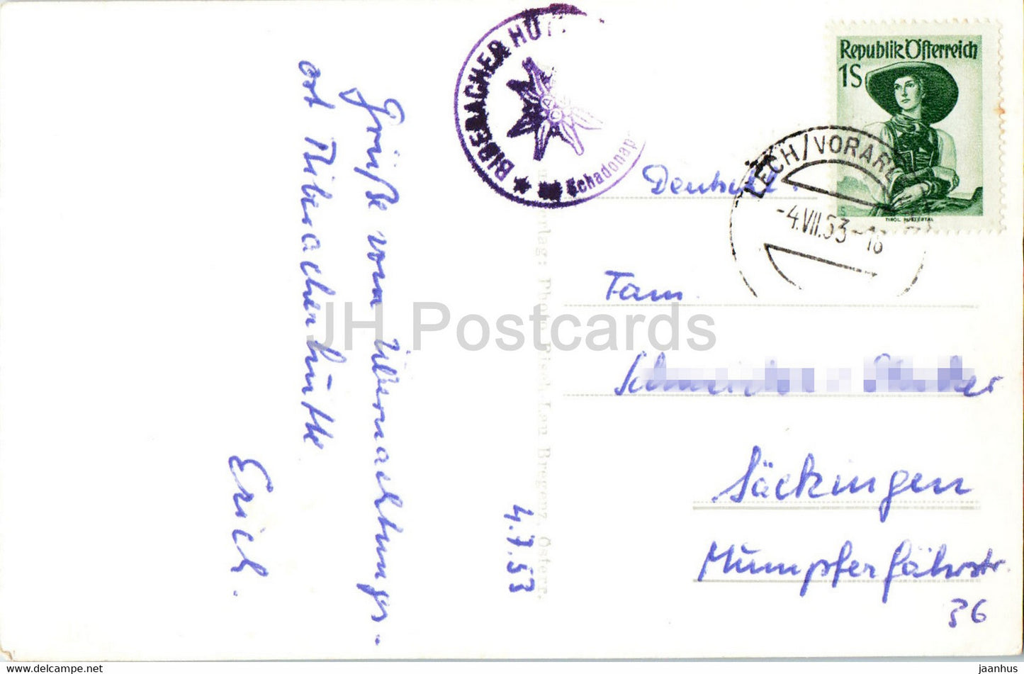 Biberacherhutte 1860 mg Braunarlspitze - 12154 - carte postale ancienne - 1953 - Autriche - utilisé