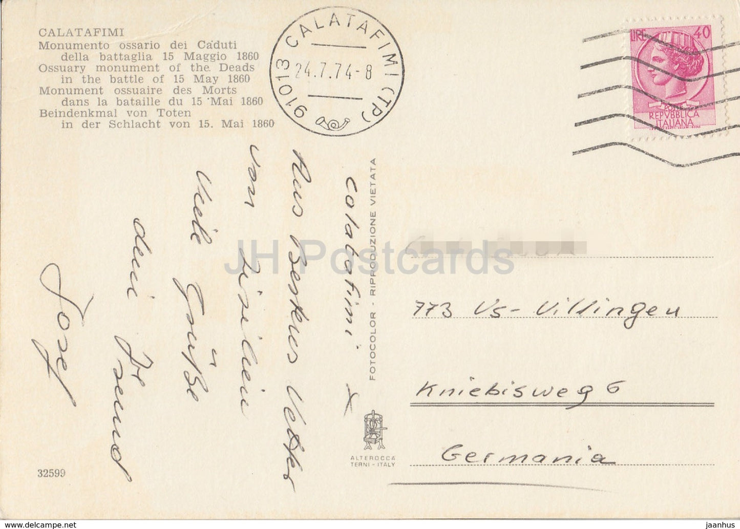 Calatafimi – Beinhaus-Denkmal der Toten in der Schlacht vom 15. Mai 1860 – Italien – 1974 – gebraucht