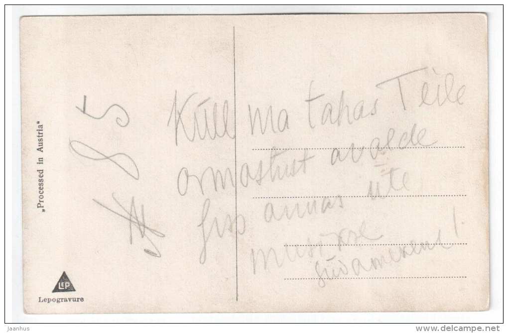 illustration - forest road - birches - Lepogravure - Processed in Austria - old postcard - circulated in Estonia - used - JH Postcards