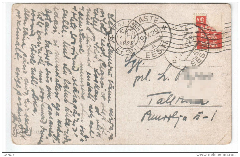 illustration by Fiebiger - ruins , lake - Amag 1123 - old postcard - circulated in Estonia 1929 , Emmaste - used - JH Postcards