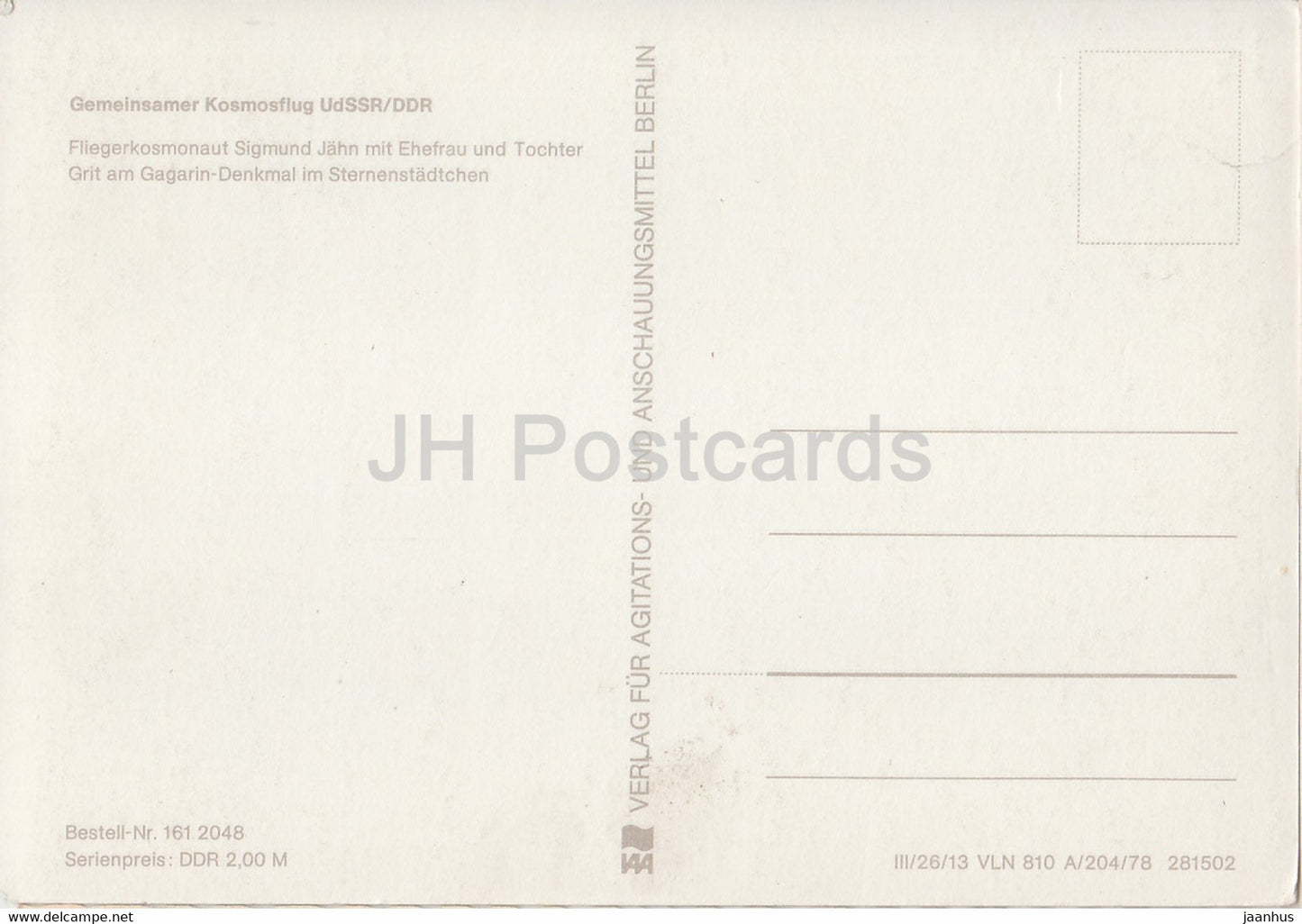 Gemeinsamer Kosmosflug UdSSR - DDR - Fliegerkosmonaut Sigmund Jahn - Gagarin Denkmal - cosmaonaut - Germany DDR- unused