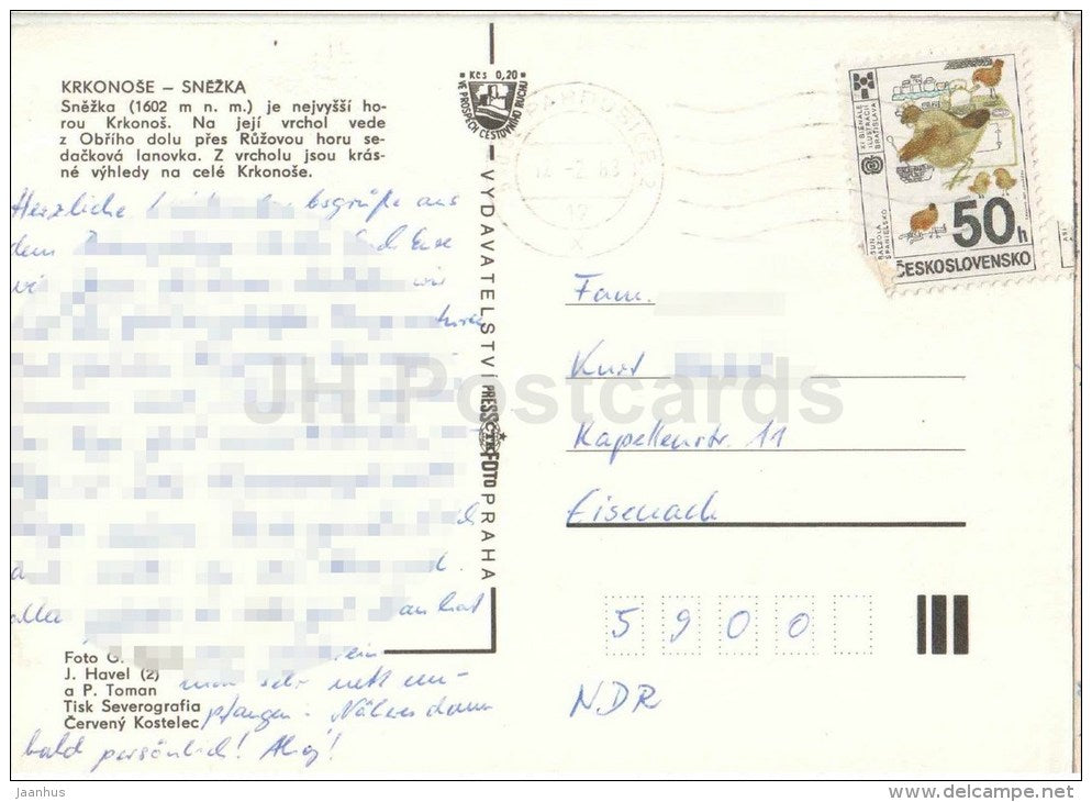 Krkonose - Snezka mountain - ski resort - Czechoslovakia - Czech - used 1988 - JH Postcards