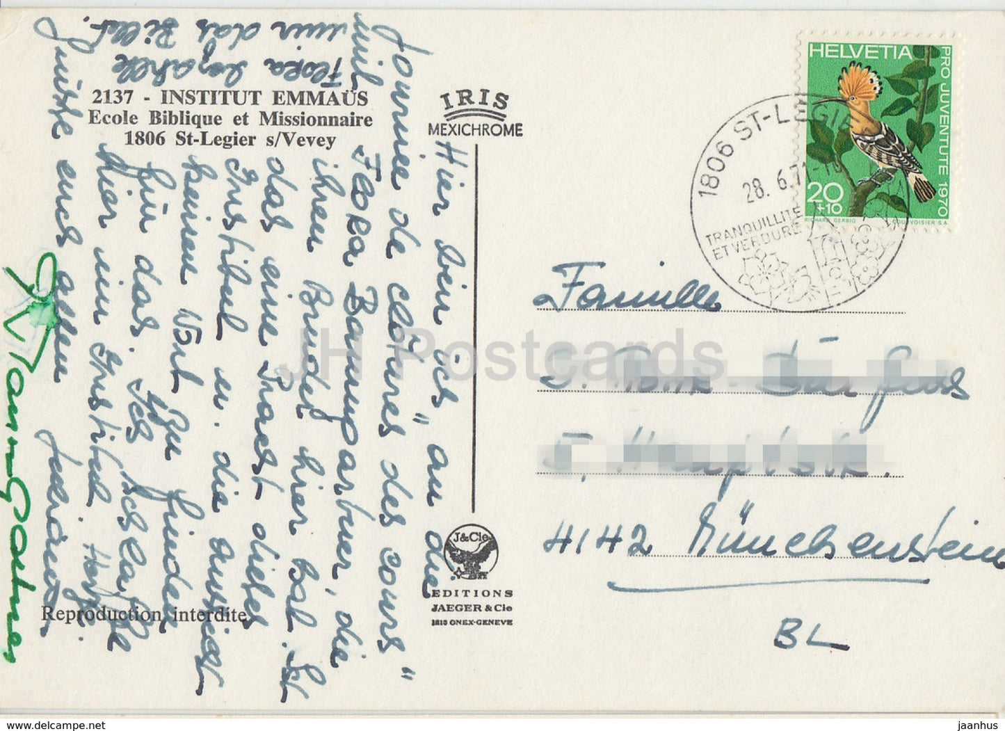 Vevey - Institut Emmaus - Ecole Biblique et Missionnaire - Biblical and Missionary School - 1971 - Switzerland - used