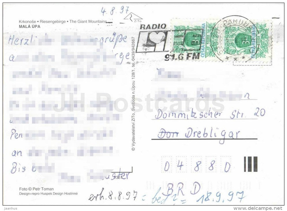 Krkonose - Mala Upa - The Giant Mountains - Czech Republic - used 1997 - JH Postcards