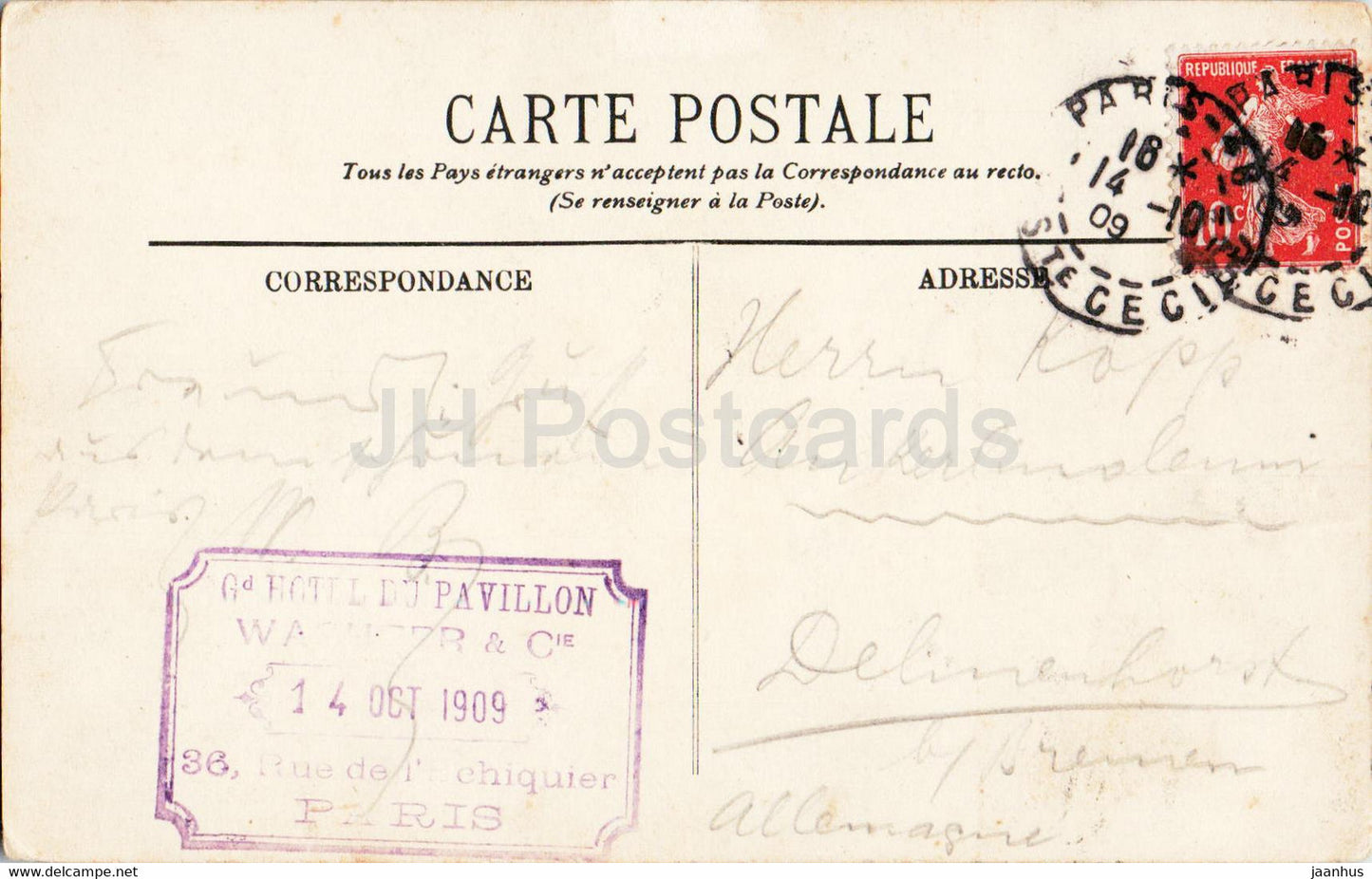 Paris - Le Boulevard des Italiens - Hotel du Pavillon - horse carriage - 372 - old postcard - 1909 - France - used