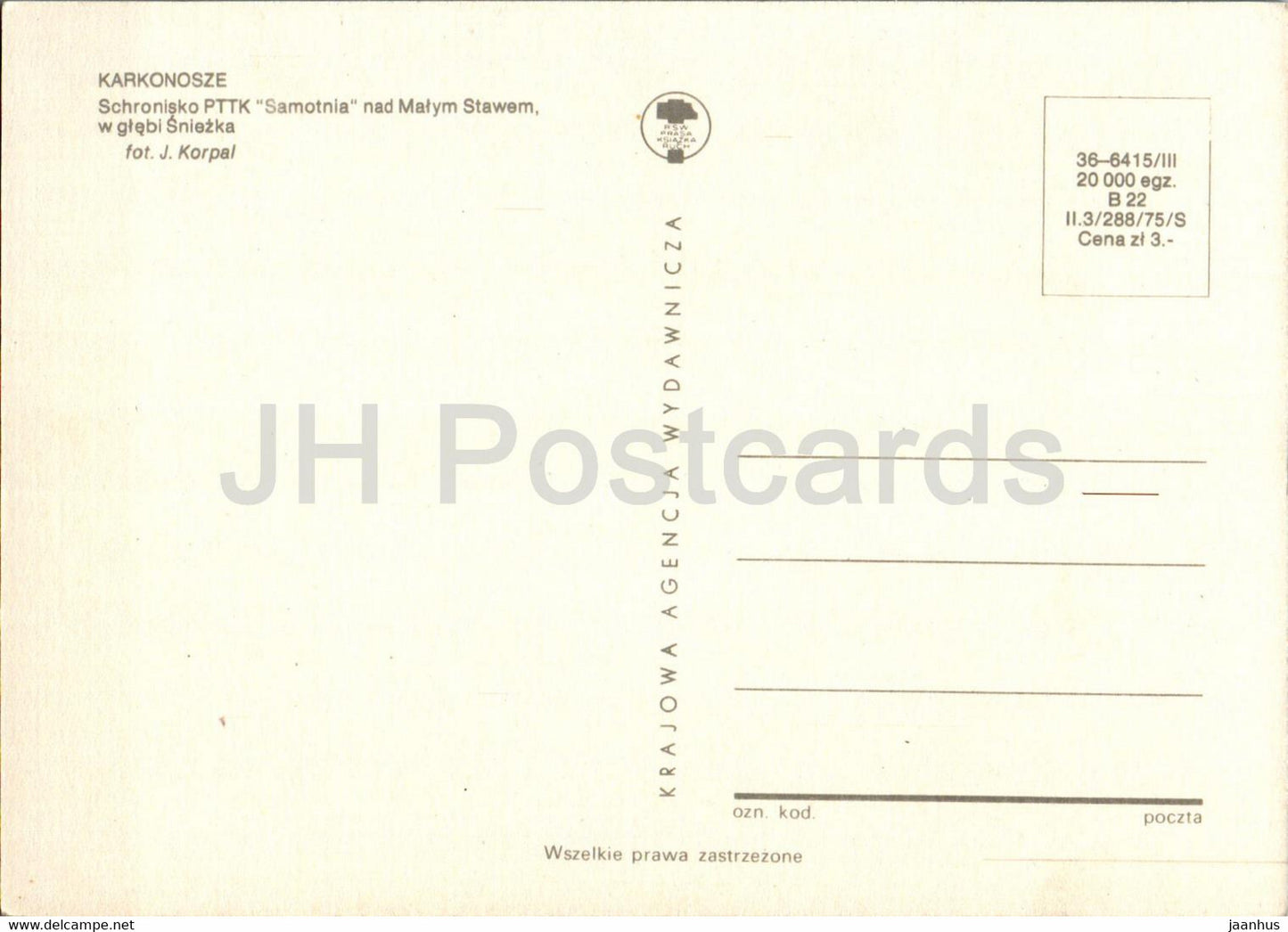 Karkonosze - PTTK Samotnia nad Malym Stawem v glebi Sniezka - Poland - unused