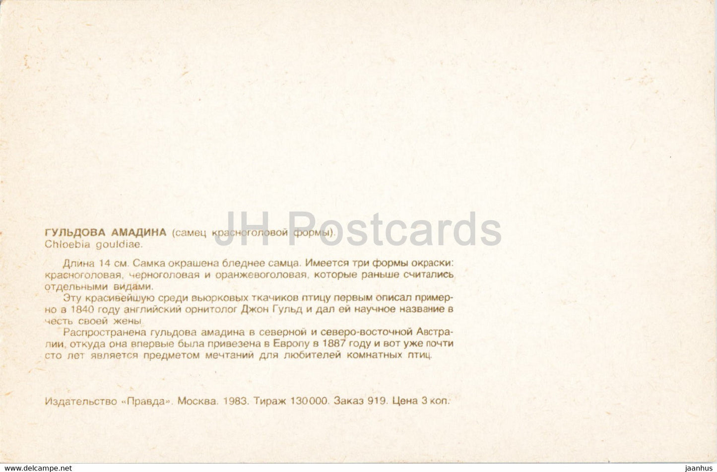 Diamant de Gould - Chloebia gouldiae - oiseaux - 1983 - Russie URSS - inutilisé