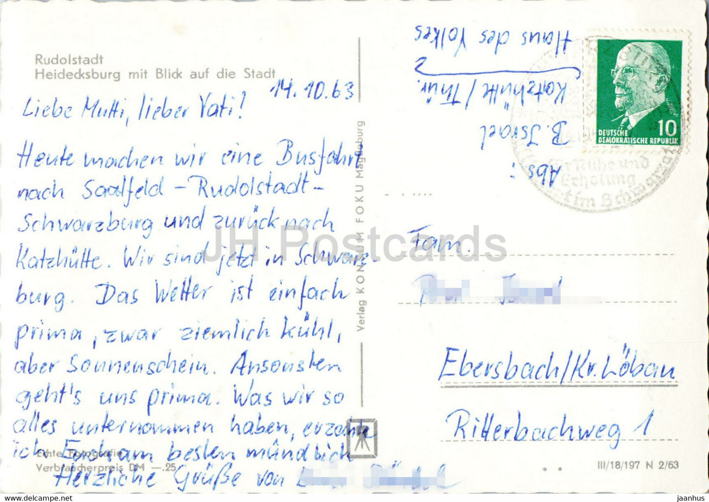 Rudolstadt - Heidecksburg mit Blick auf die Stadt - 1963 - Germany DDR - used