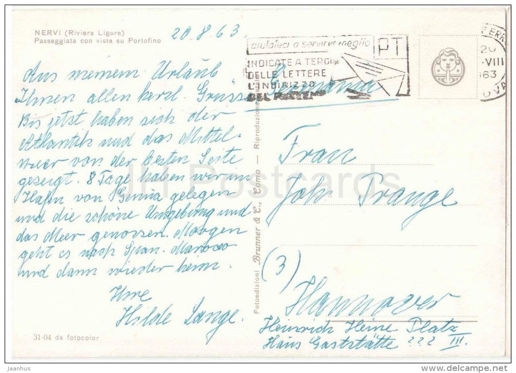 Passeggiata con vista su Portofino - Riviera Ligure - Nervi - Genova - Liguria - 31-04 - Italia - Italy - used in 1963 - JH Postcards