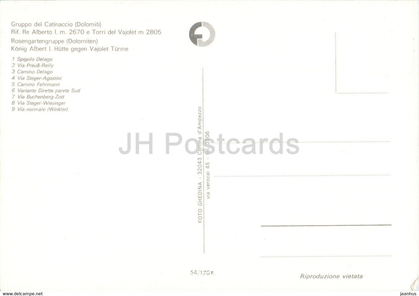 Gruppo del Catinaccio - Rif Re Alberto - Torri del Vajolet - Rosengartengruppe - Konig Albert I Hutte - Italy - unused