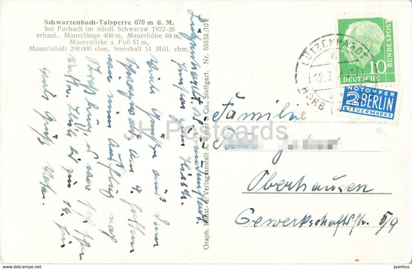 Schwarzenbach Talsperre - carte postale ancienne - 1956 - Allemagne - utilisé
