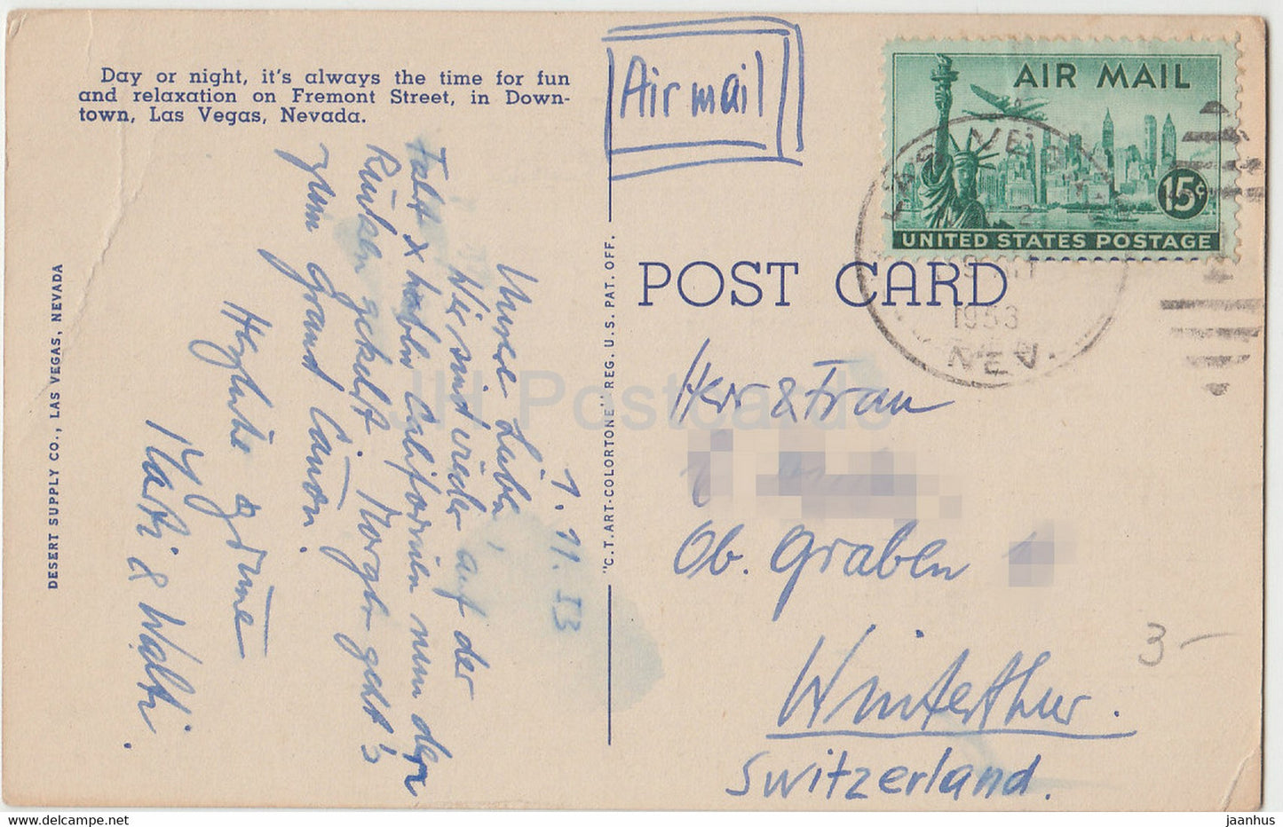 Las Vegas – Old Fremont Street – Nevada – Auto – alte Postkarte – 1953 – USA – gebraucht