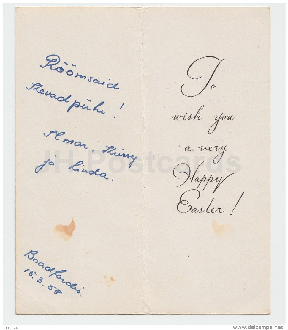 Easter Greeting Card - hare - hat - England - used in 1958 - JH Postcards