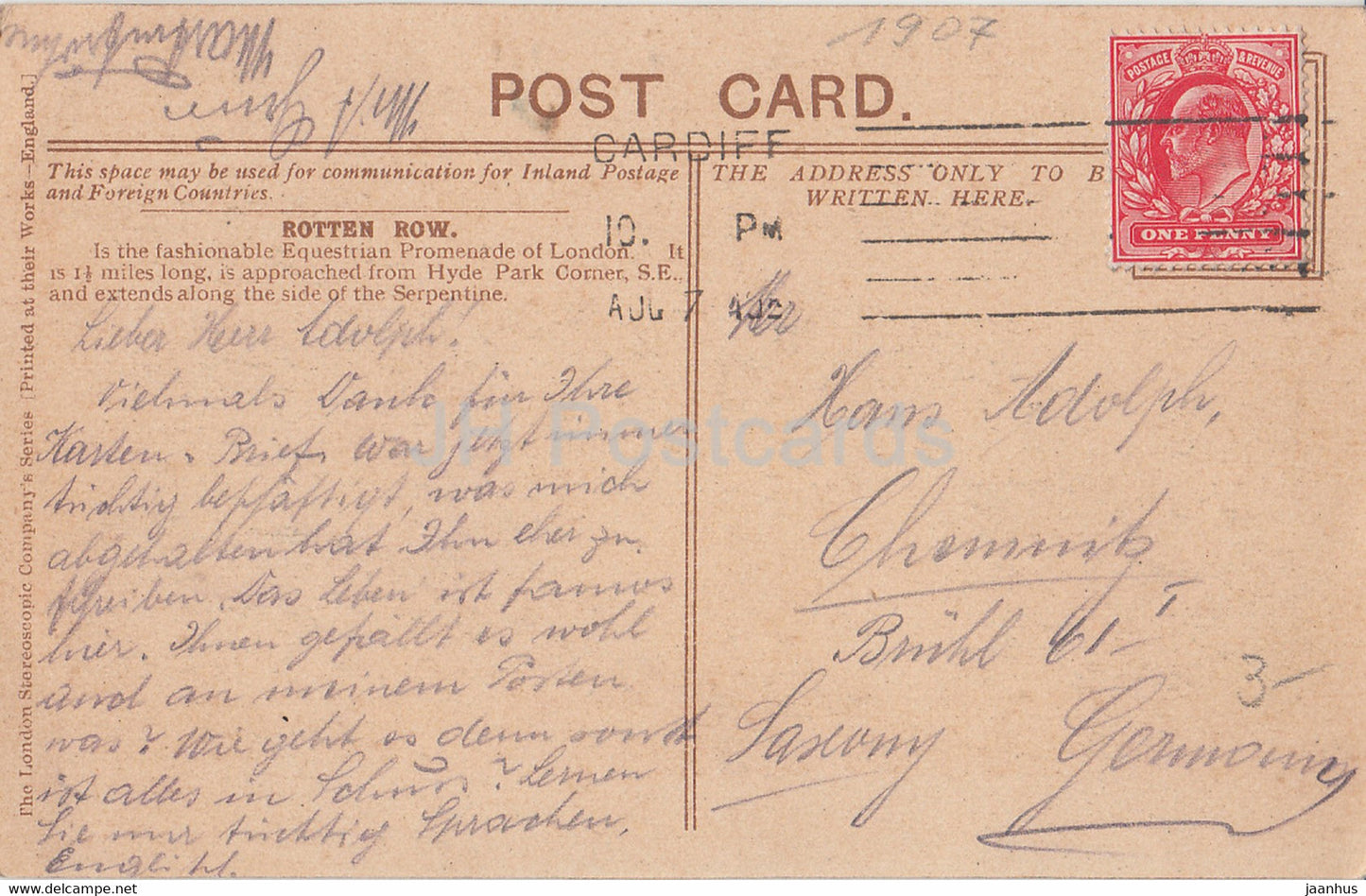 London - Rotten Row - horse - old postcard - 1907 - England - United Kingdom - used