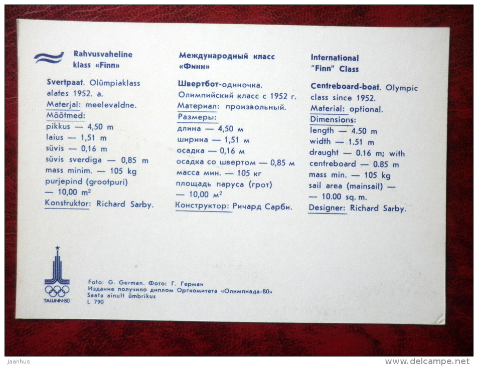 International Finn class - sailing boat - 1980 - Estonia USSR - unused - JH Postcards