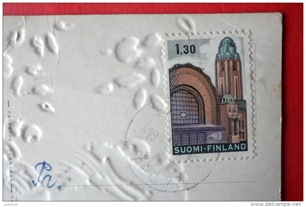 illustration - girl- chick - embossed - 4393/4 - Finland - sent from Finland to Estonia USSR 1983 - JH Postcards