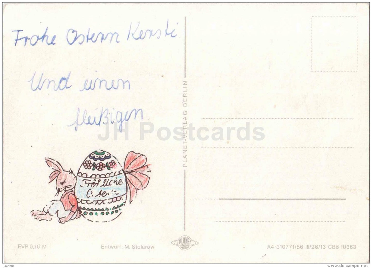 Easter Greeting Card - Ostern - illustration - hare - rabbit - eggs - flowers - basket - Fairy Tale - Germany - used - JH Postcards