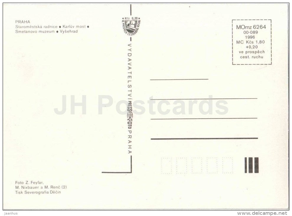 Old Town Hall - Charles bridge - Smetanovo museum - Vysehrad - Praha - Prague - Czechoslovakia - Czech - unused - JH Postcards