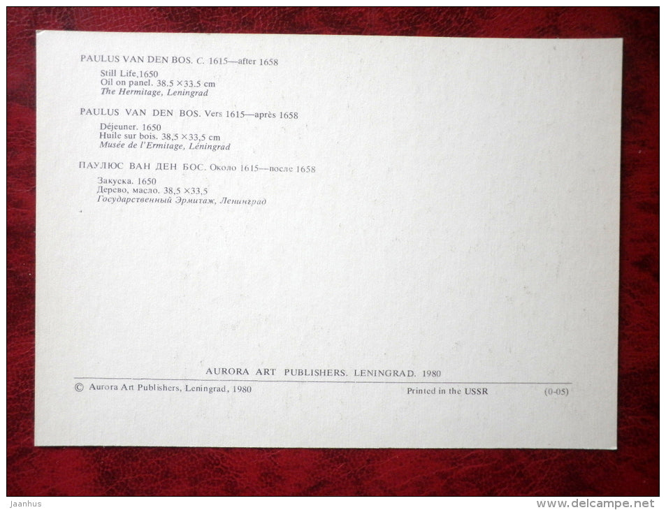 Painting by Paulus van den Bos - Still Life - bread - goblet - dutch art - unused - JH Postcards