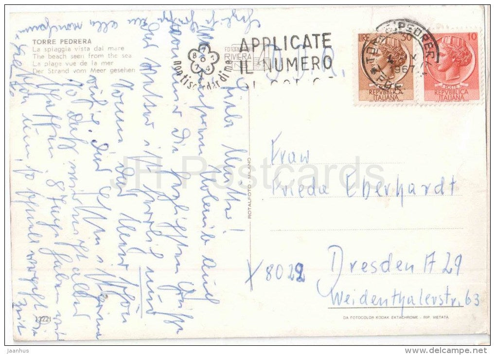 La Spiaggia Vista dal Mare - beach - Torre Pedrera - Emilia-Romagna - 13221 - Italia - Italy - sent to Germany 1967 - JH Postcards