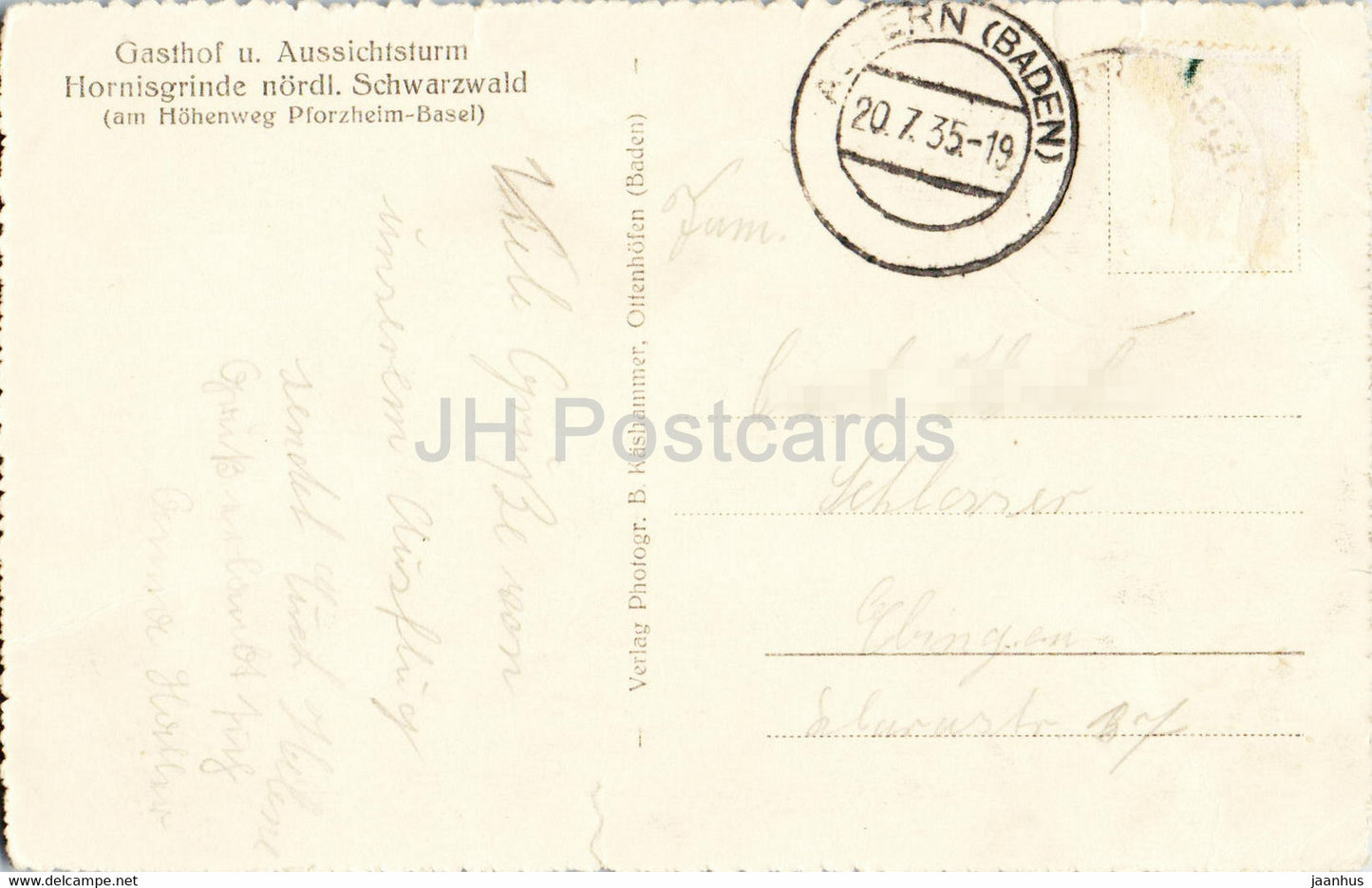 Gasthof u Aussichtsturm Hornisgrinde nordl Schwarzwald - carte postale ancienne - 1935 - Allemagne - utilisé