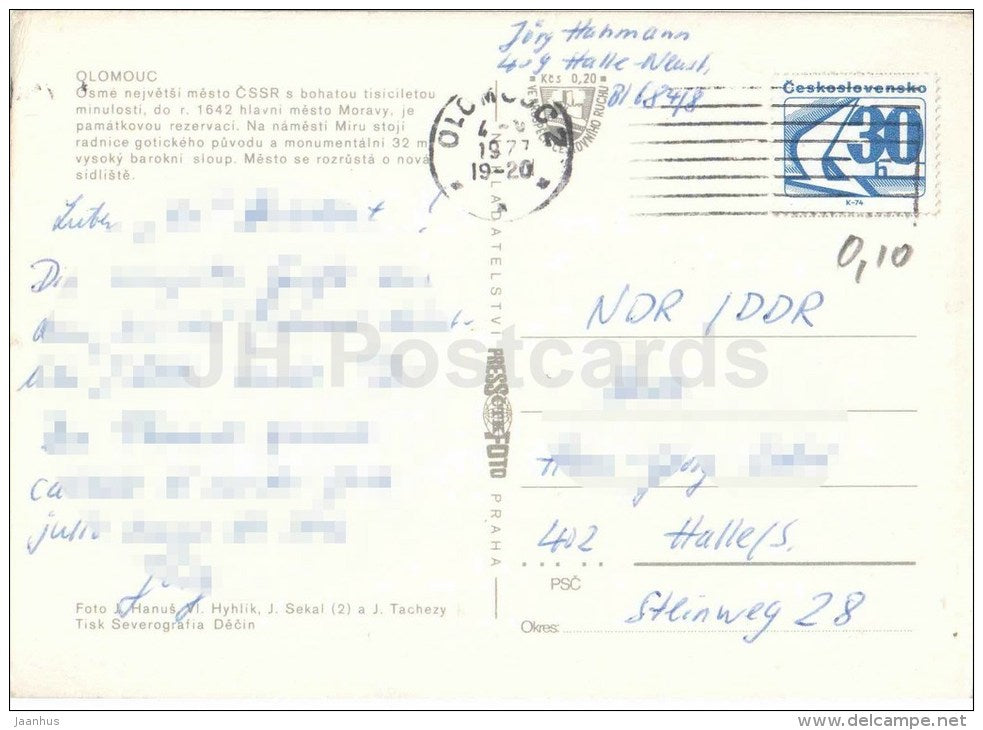 Olomouc - Hanacka - architecture - town views - Czechoslovakia - Czech - used 1977 - JH Postcards