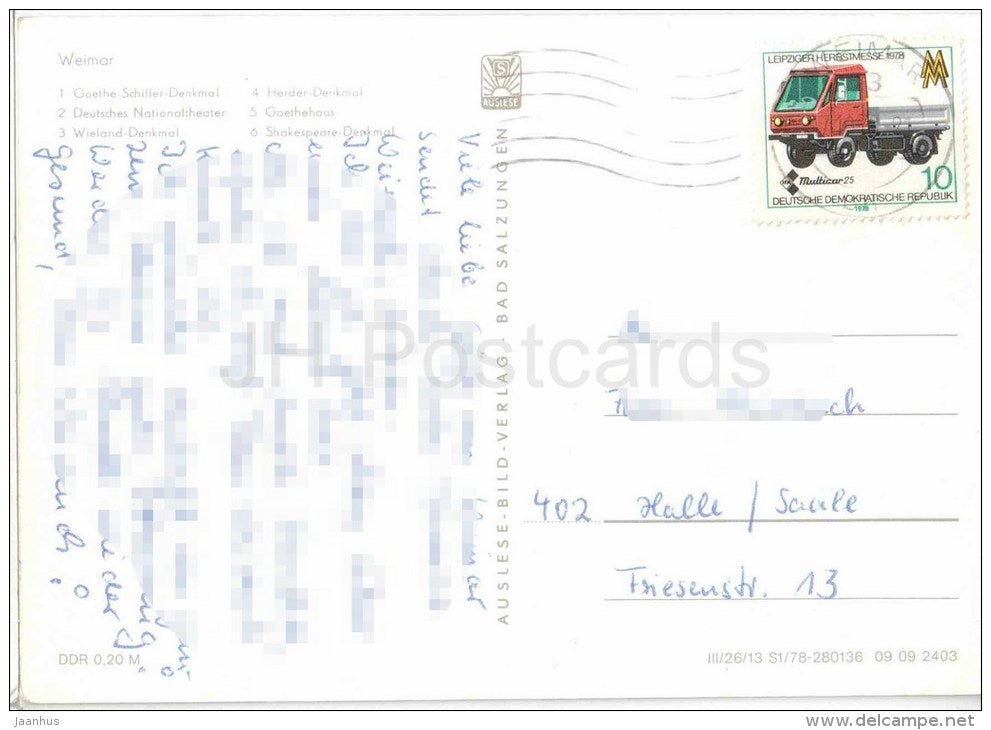 Dichterstadt Weimar - Goethehaus - Goethes Gartenhaus - denkmal - Nationaltheater - Shakespeare Germany - gelaufen - JH Postcards