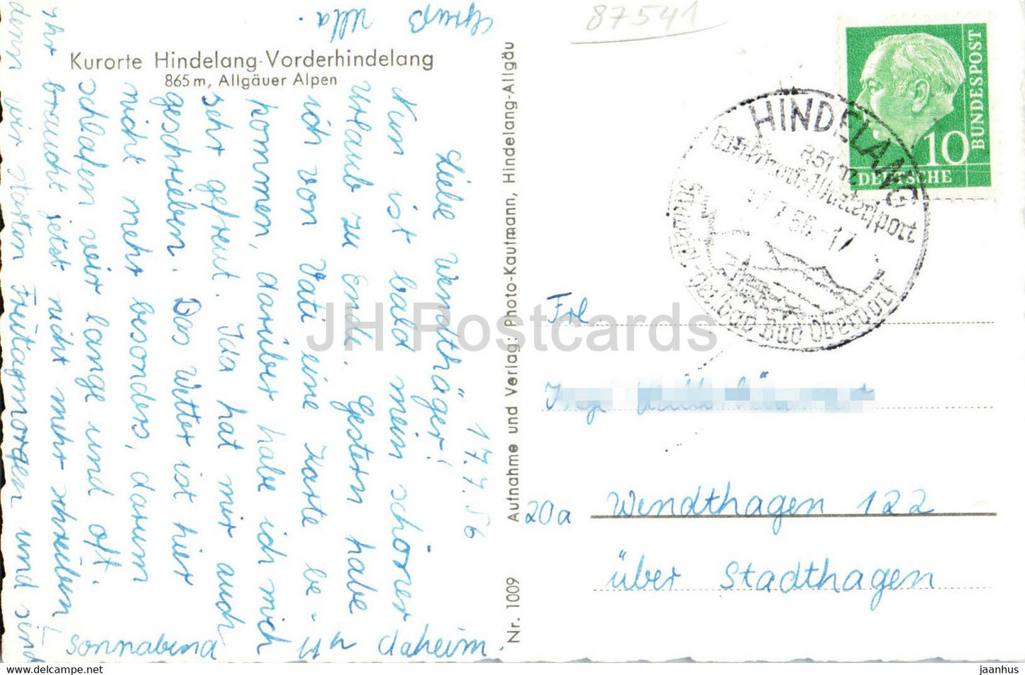 Kurorte Hindelang Vorderhindelang 865 m - Allgauer Alpen - old postcard - 1956 - Germany - used