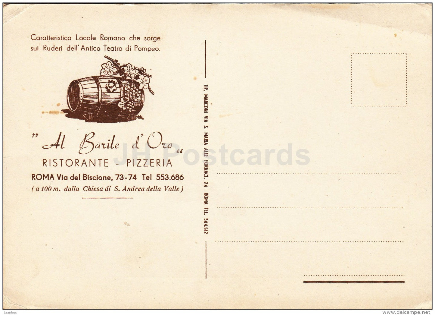 Al Barile d´Oro - ristorante - Pizzeria - restaurant - Roma - Rome - Italia - Italy - used - JH Postcards