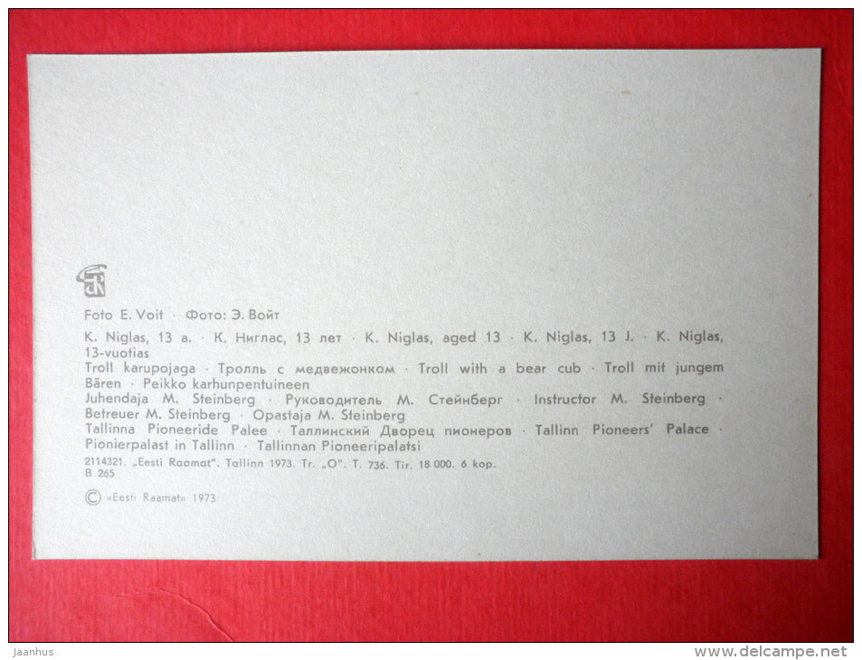 Tallinn Pioneer`s Palace - Troll with a Bear cub - 1973 - Estonia USSR - unused - JH Postcards
