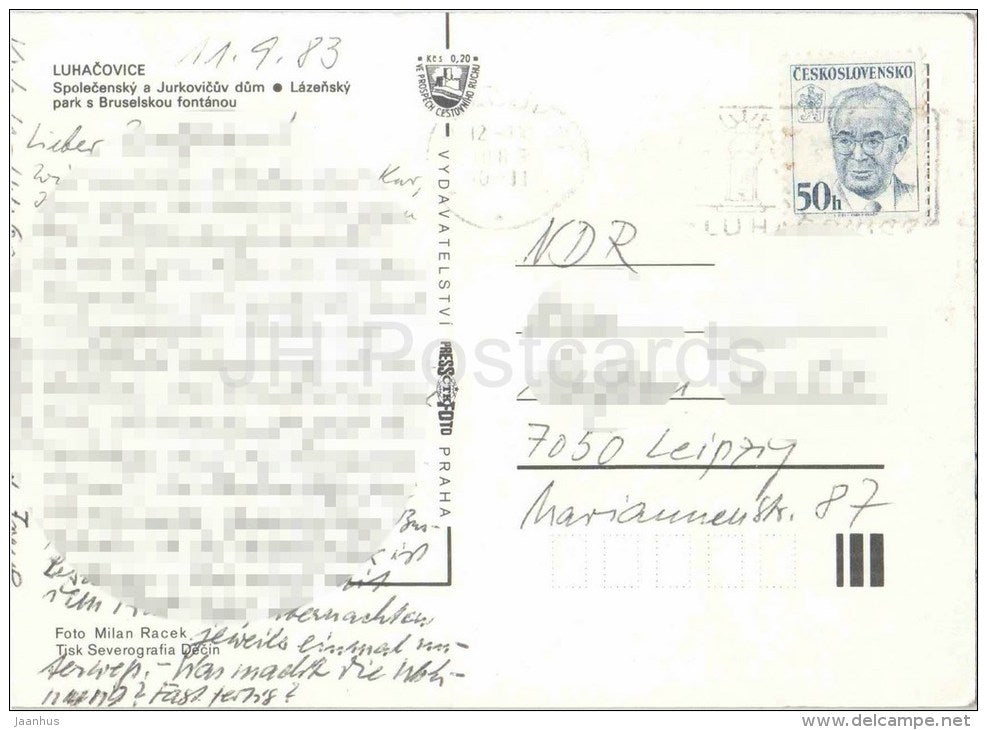 Lazne Luhacovice - Jurkovic house - Park with Brussels fountain - Czechoslovakia - Czech - used in 1983 - JH Postcards