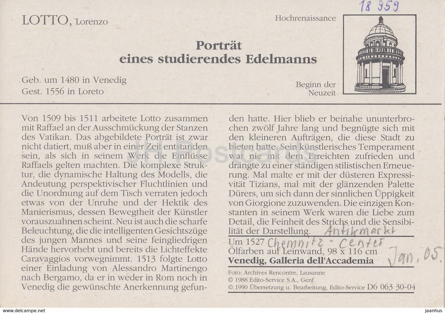 painting by Lorenzo Lotto - Portrat eines studierendes Edelmanns - Italian art - Germany - used