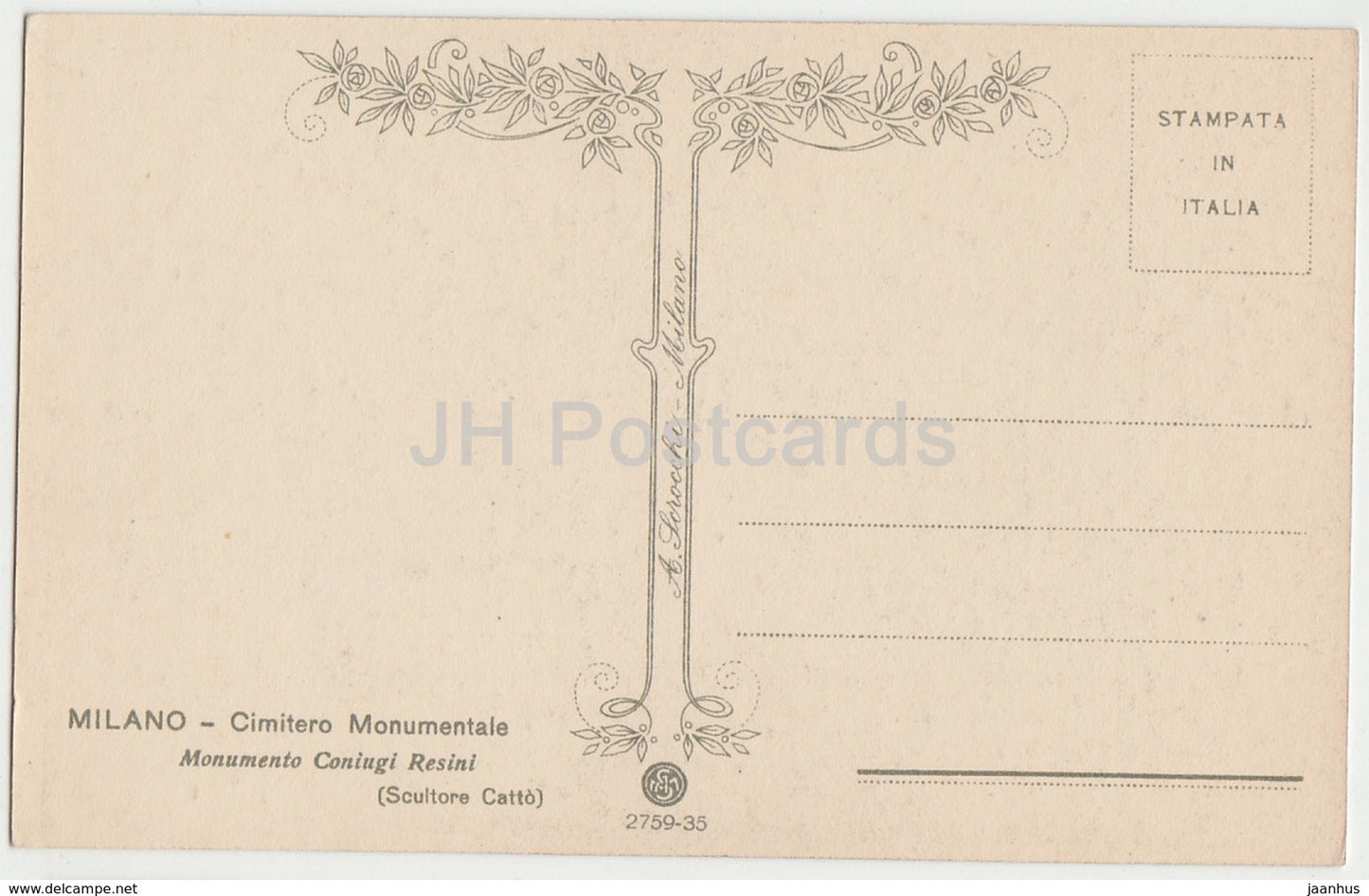 Milano - Milan - Cimitero Monumentale - Monumento Coniugi Resini - cemetery - old postcard - Italy - unused