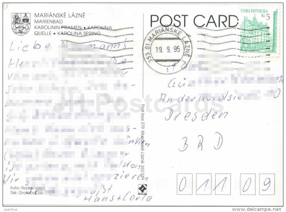 Marianske Lazne - Marienbad - Karolina spring - Czech Republic - used 1995 - JH Postcards