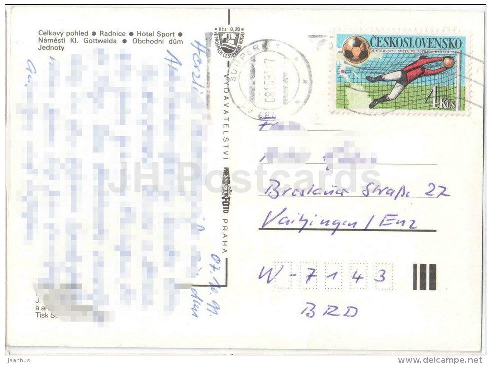 Sumperk - town hall - hotel Sport - Jednoty - stamp goalkeeper - Gottwald square - Czechoslovakia - Czech - used 1991 - JH Postcards