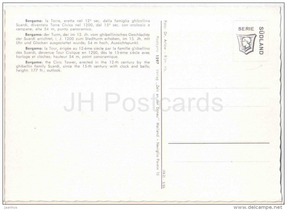 La Torre - The Civic Tower - Bergamo - Lombardia - 1597 - Italia - Italy - used - JH Postcards