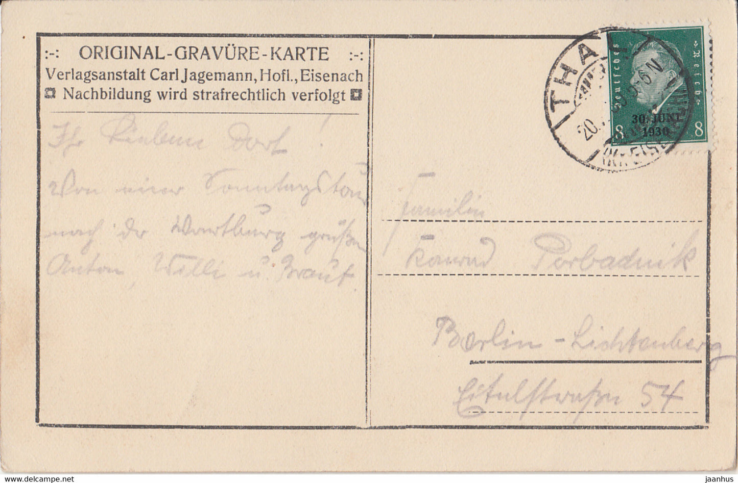 Die Wartburg von Sud Westen - old postcard - 1930 - Germany - used