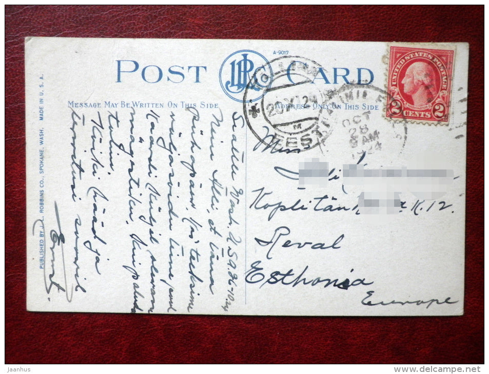 1627 - Traveling thru the Mountains of the Northwest - train - sent to Estonia in 1924 - USA - used - JH Postcards