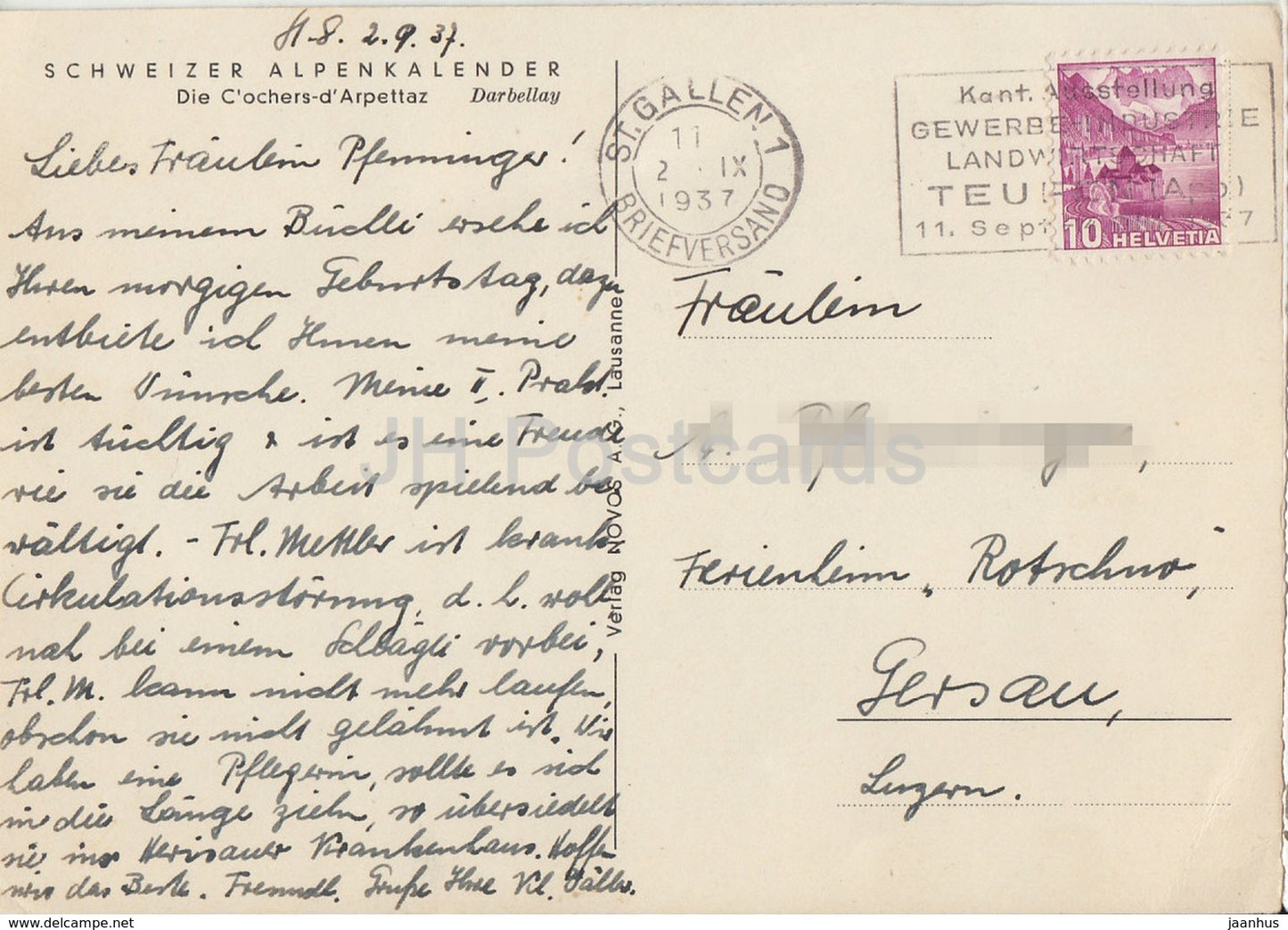 Schweizer Alpenkalender - Die C'ochers d'Arpettaz - 1937 - Switzerland - used