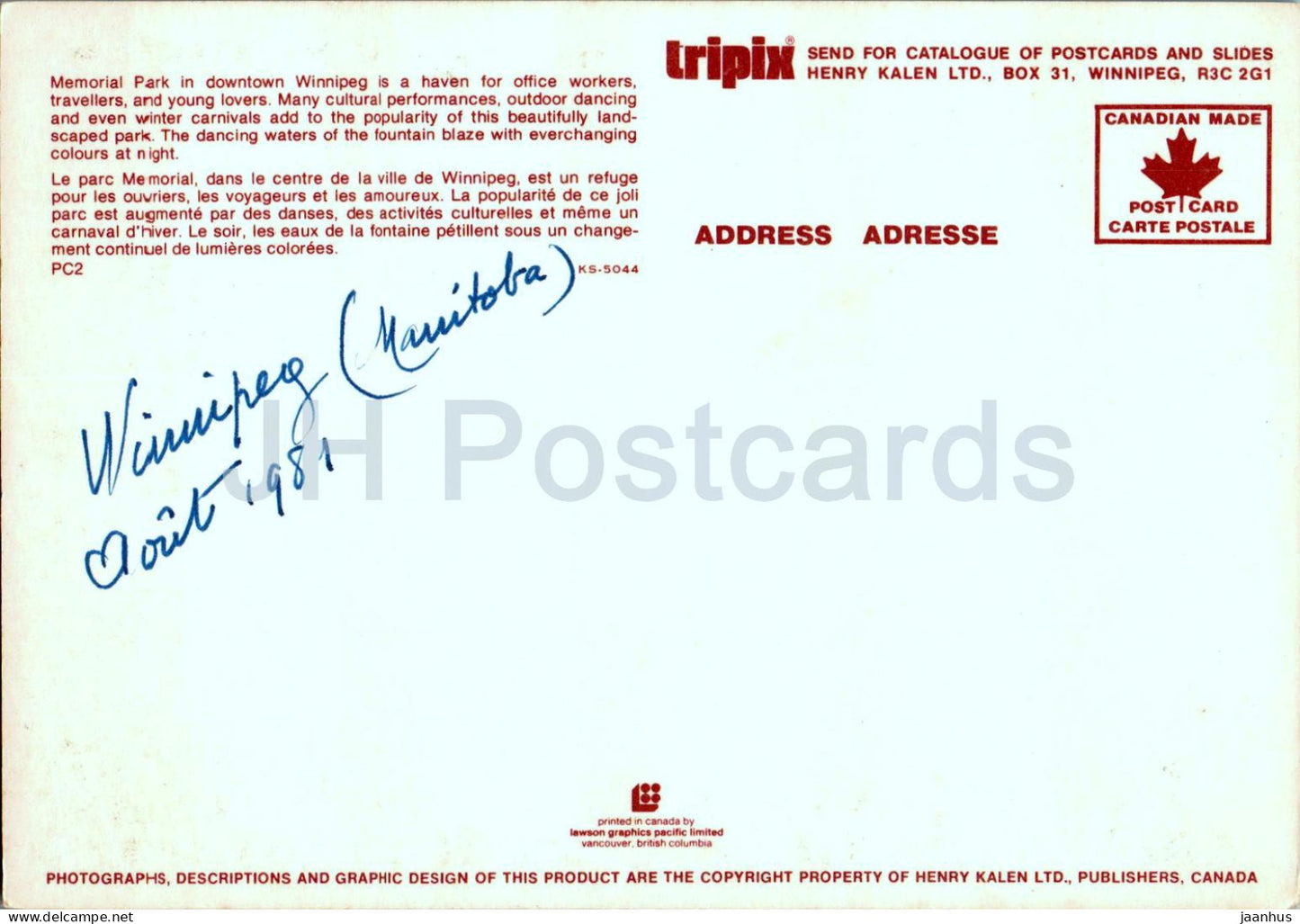 Winnipeg - Fontaine du parc Memorial - 1981 - Canada - d'occasion