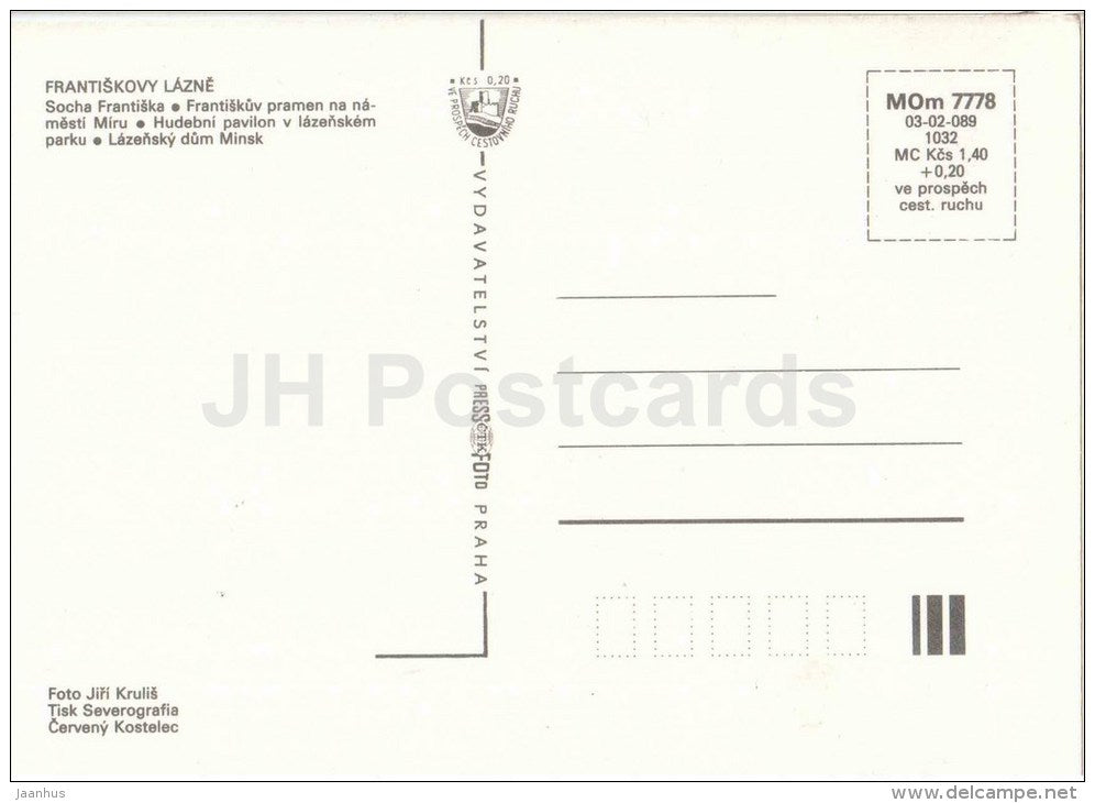 Frantiskovy Lazne - spa - pavilion - Peace square - spa house Minsk - fountain - Czechoslovakia - Czech - unused - JH Postcards