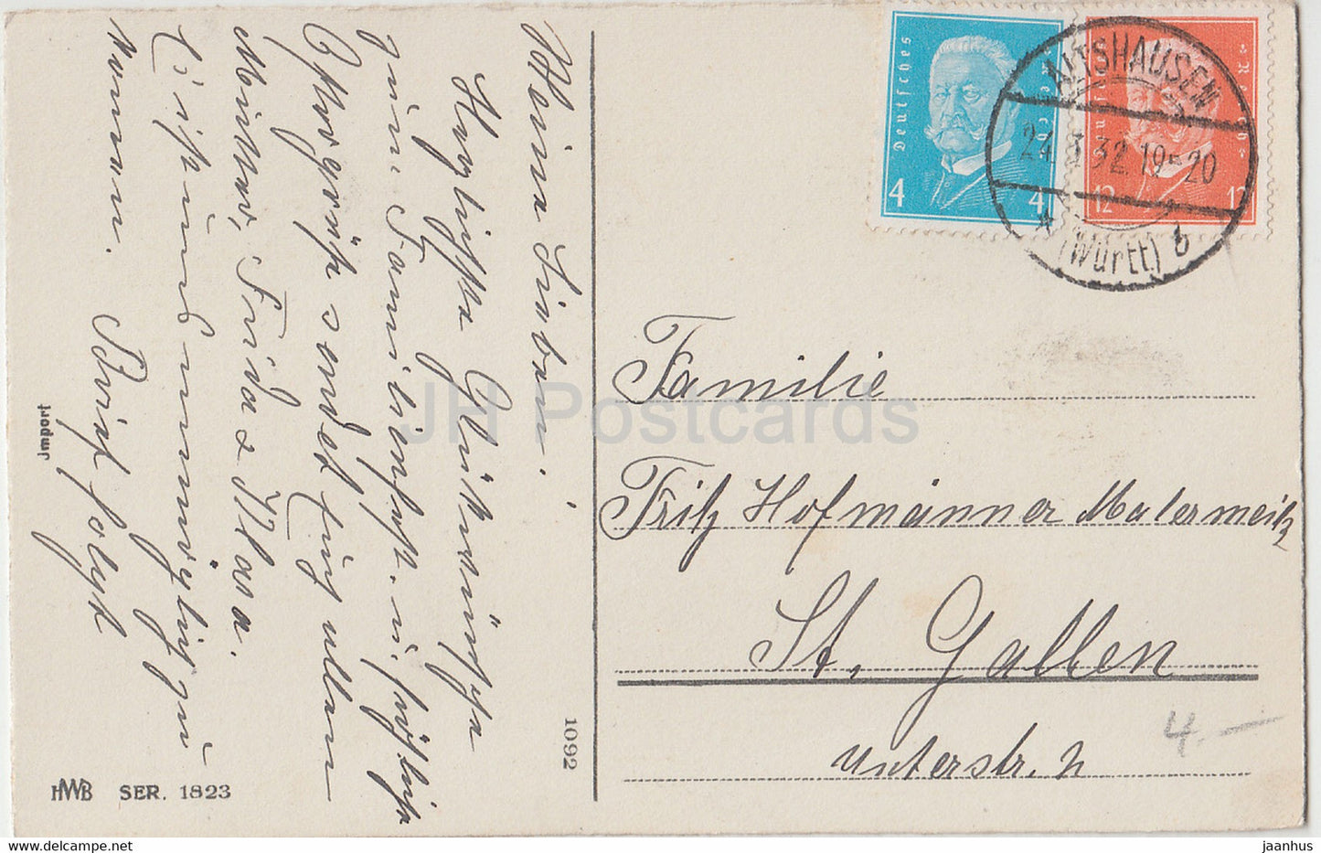 Carte de vœux de Pâques - Frohes Osterfest - poulet - œufs - courrier - HWB SER 1823 - carte postale ancienne - 1932 - Allemagne - utilisé