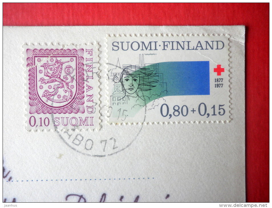 Easter Greeting Card - girl - hare - chick - Red Cross - 7663 - Italy - sent from Finland to Estonia USSR 1980 - JH Postcards