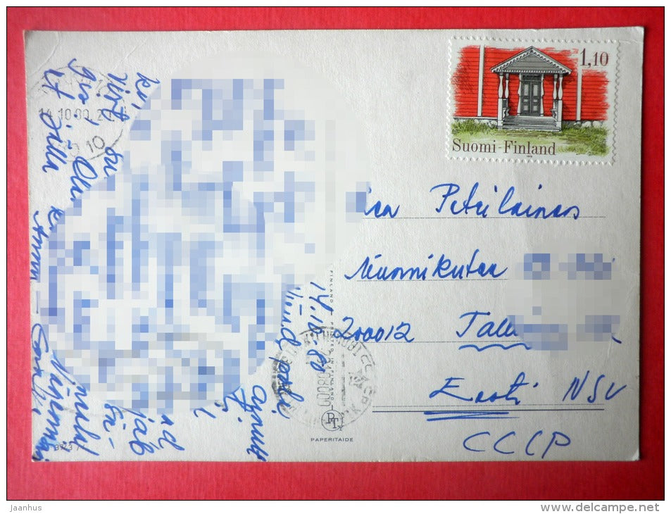 illustration by Pingal - man and dog - umbrella - house - 3743/4 - Finland - sent from Finland to Estonia USSR 1980 - JH Postcards